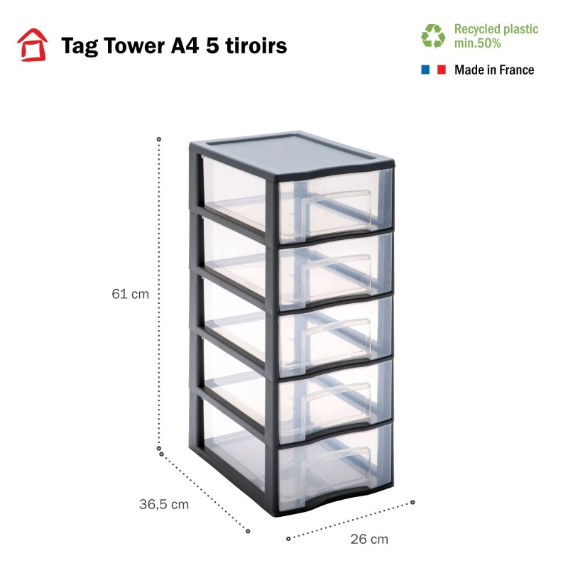 Sundis Tour De Rangement Plastique A4 Tag Tower 5 Tiroirs Transparents - Gris