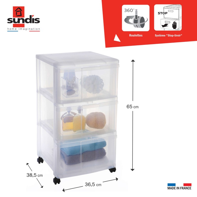 Sundis Tour De Rangement Plastique Avec Roulettes MODULO XL 3 Tiroirs Transparents