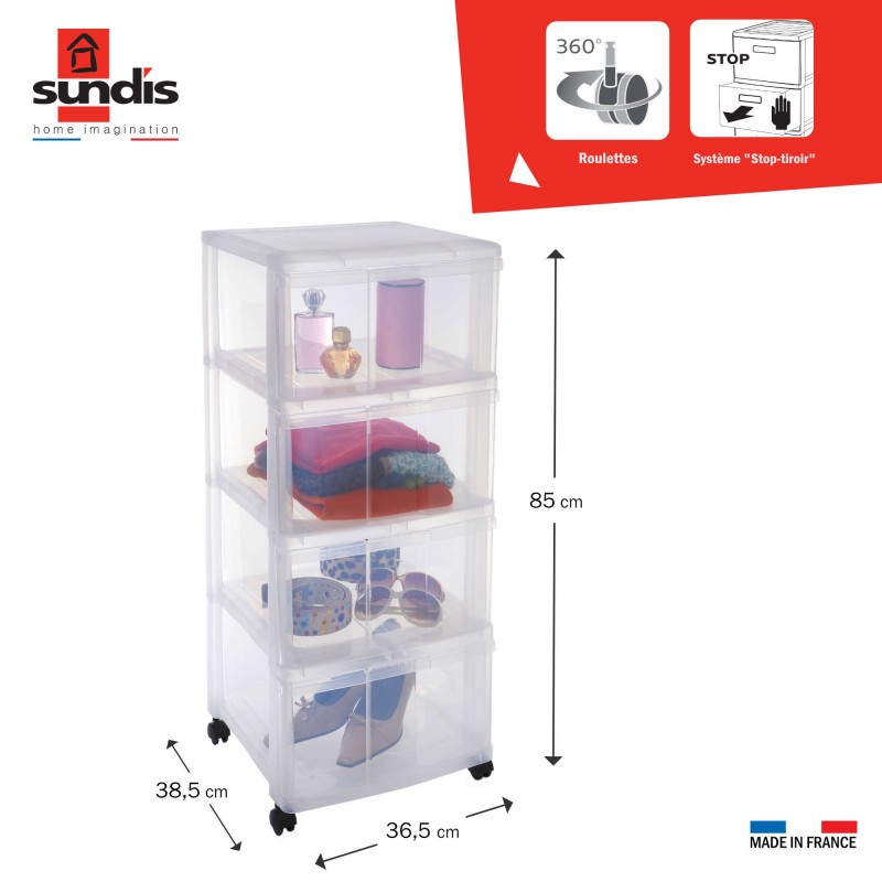 Sundis Tour De Rangement Plastique Avec Roulettes MODULO XL 4 Tiroirs Transparents