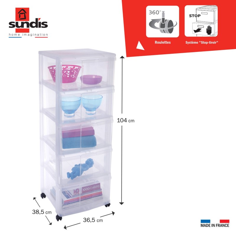 Sundis Tour De Rangement Plastique Avec Roulettes MODULO XL 5 Tiroirs Transparents