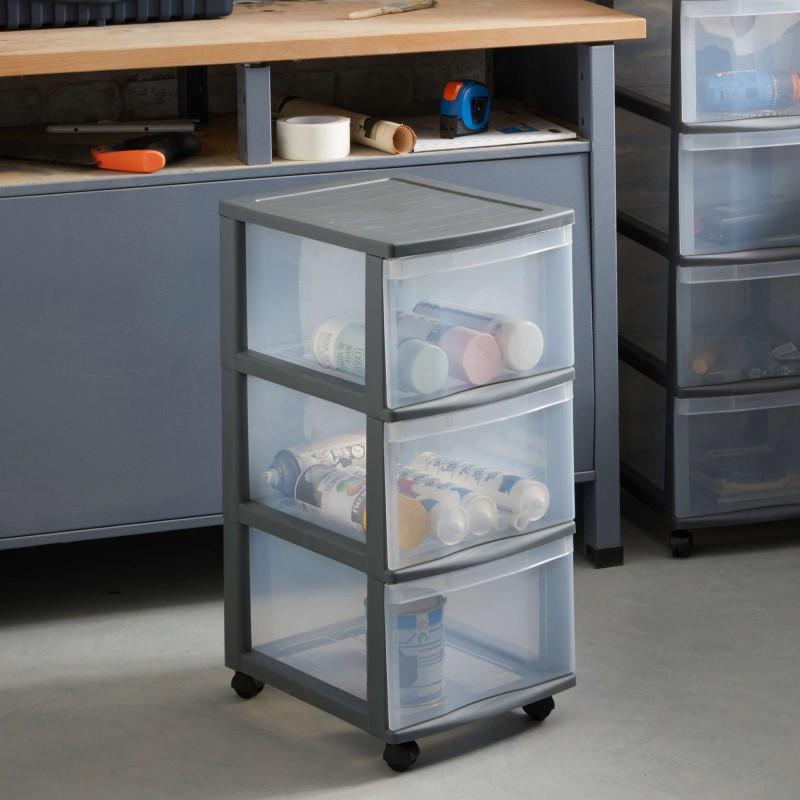 Sundis Tour De Rangement Plastique Avec Roulettes OPTIMO 3 Tiroirs Transparents - Gris