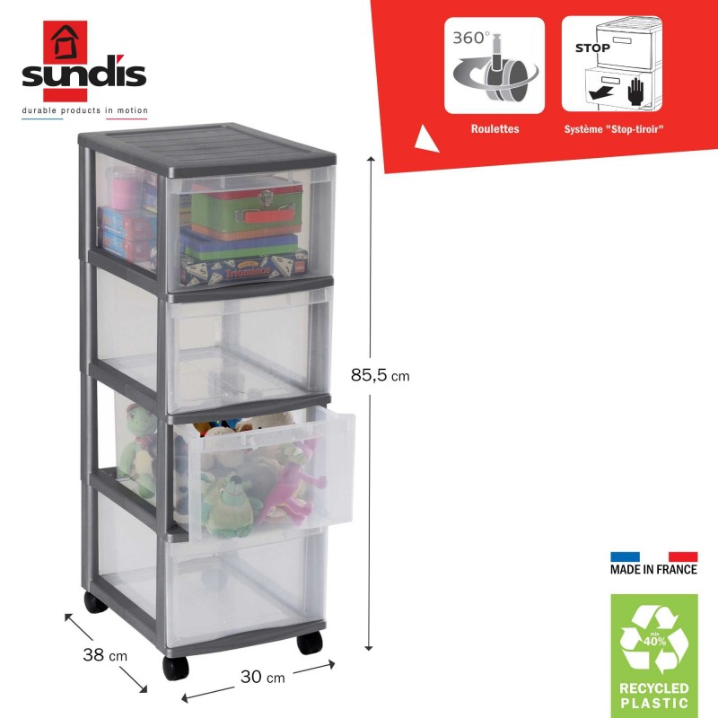 Sundis Tour De Rangement Plastique Avec Roulettes OPTIMO 4 Tiroirs Transparents - Gris