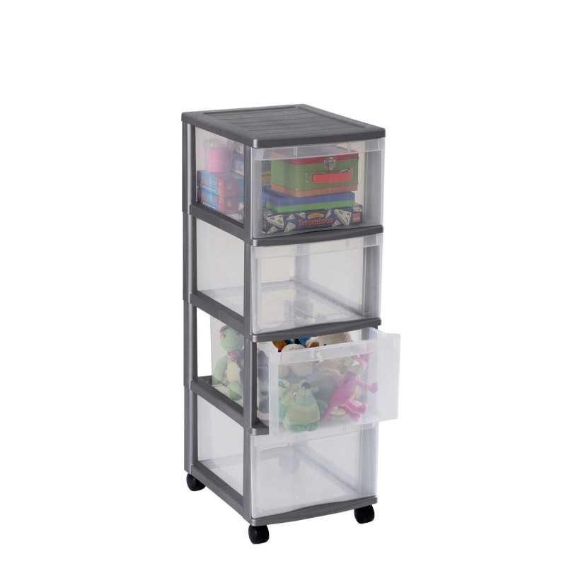 sundis Tour de rangement plastique avec roulettes OPTIMO 4 tiroirs transparents - Gris