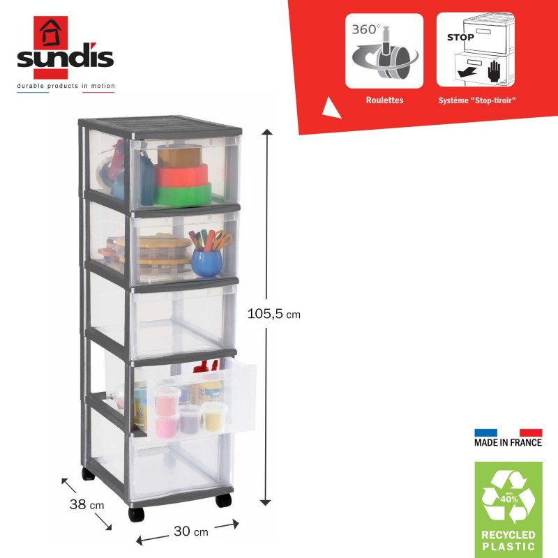 Sundis Tour De Rangement Plastique Avec Roulettes OPTIMO 5 Tiroirs Transparents - Gris