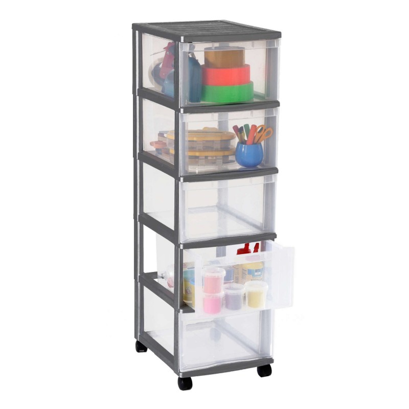 sundis Tour de rangement plastique avec roulettes OPTIMO 5 tiroirs transparents - Gris
