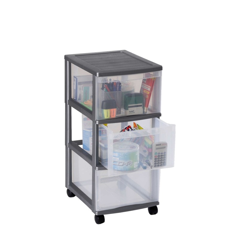 sundis Tour de rangement plastique avec roulettes OPTIMO 3 tiroirs transparents - Gris