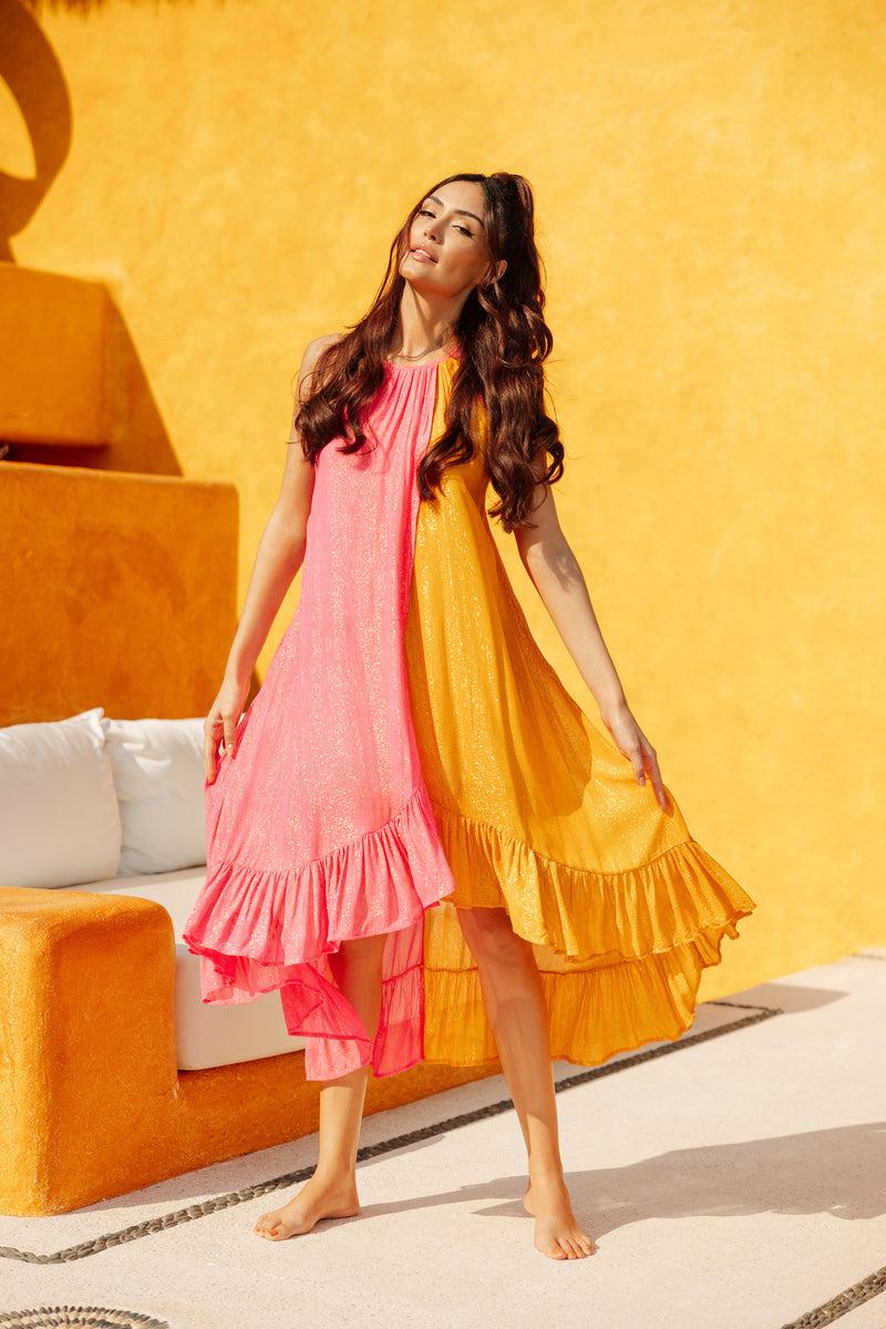 Sundress ALICE LONG DRESS MARBELLA NEON PINK & YELLOW
