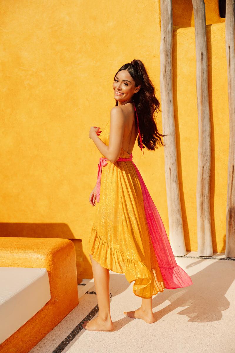 Sundress ALICE LONG DRESS MARBELLA NEON PINK & YELLOW