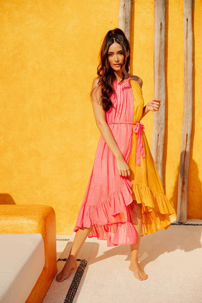 sundress ALICE LONG DRESS MARBELLA NEON PINK & YELLOW