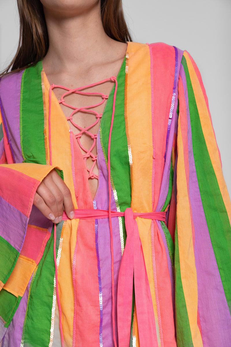 Sundress APRIL SHORT DRESS MIX PRINTEMPS STRIPES AND SEQUINS