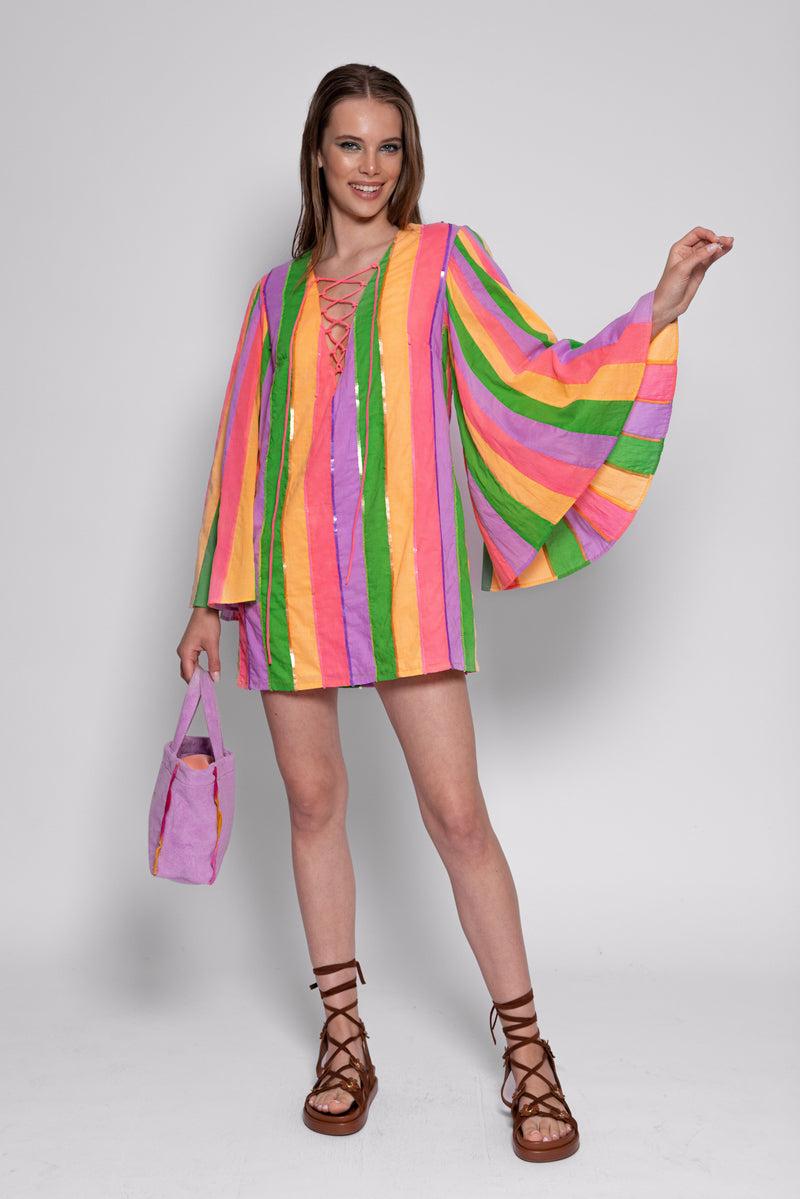 sundress APRIL SHORT DRESS MIX PRINTEMPS STRIPES AND SEQUINS