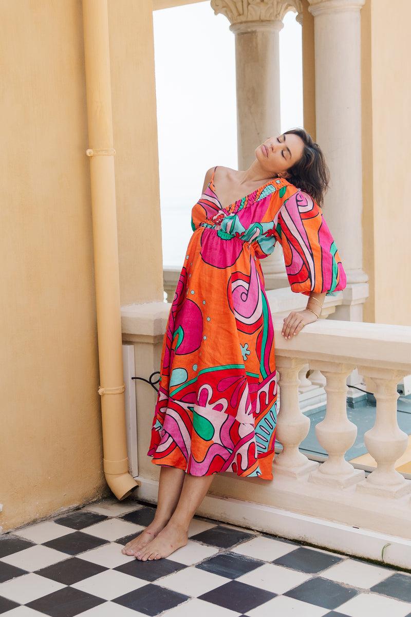 Sundress ARIETTI LONG DRESS BIG HAVANA LINEN FRAMBOISE