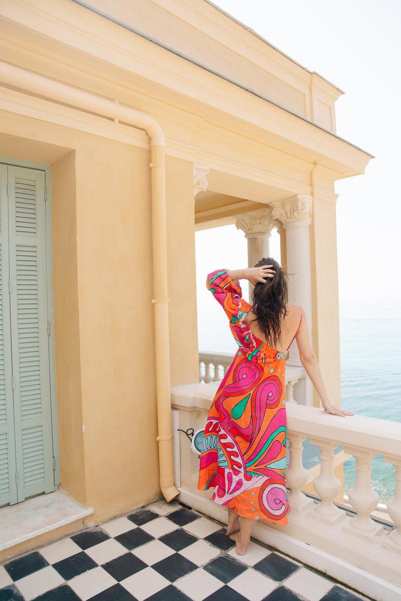 Sundress ARIETTI LONG DRESS BIG HAVANA LINEN FRAMBOISE