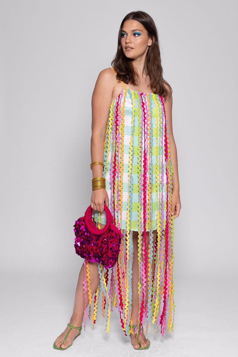 Sundress CAITLIN DRESS GINGHAM POOL / RICKRACK FRINGES