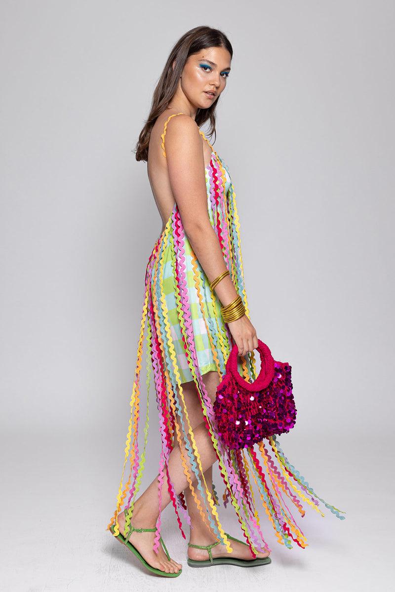 Sundress CAITLIN DRESS GINGHAM POOL / RICKRACK FRINGES