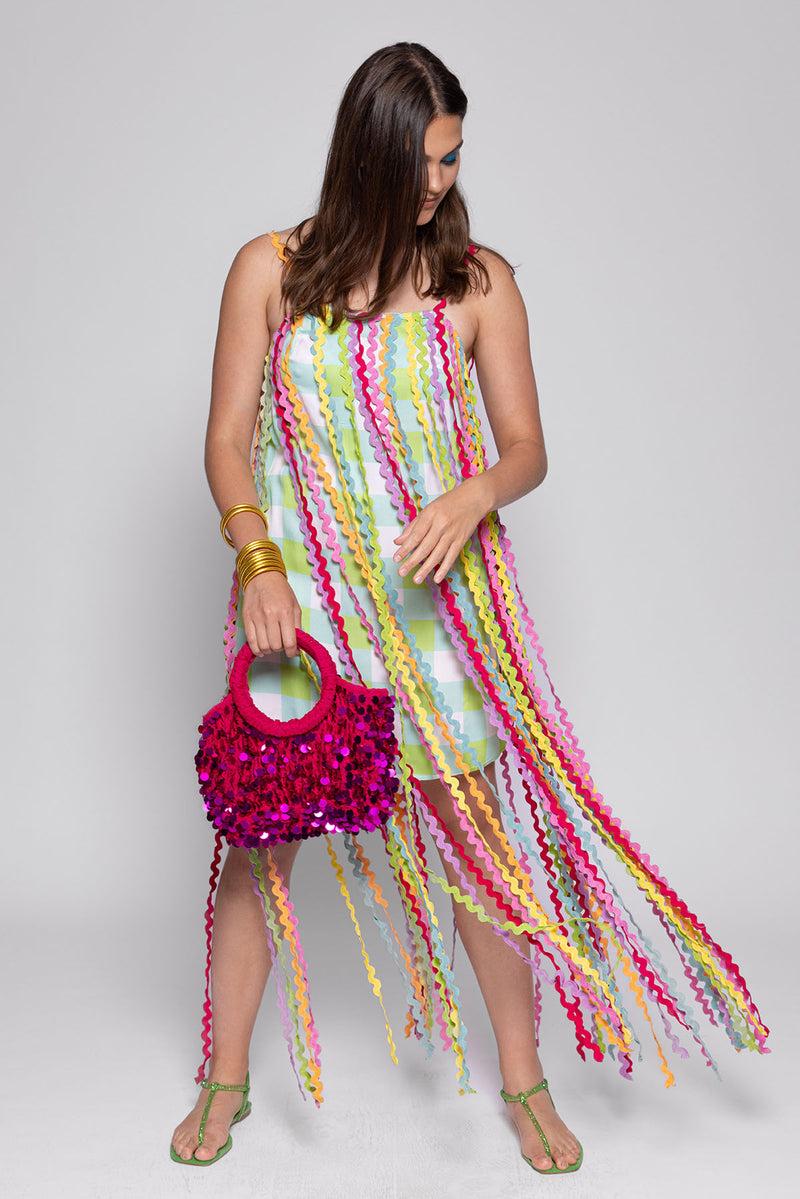 sundress CAITLIN DRESS GINGHAM POOL / RICKRACK FRINGES