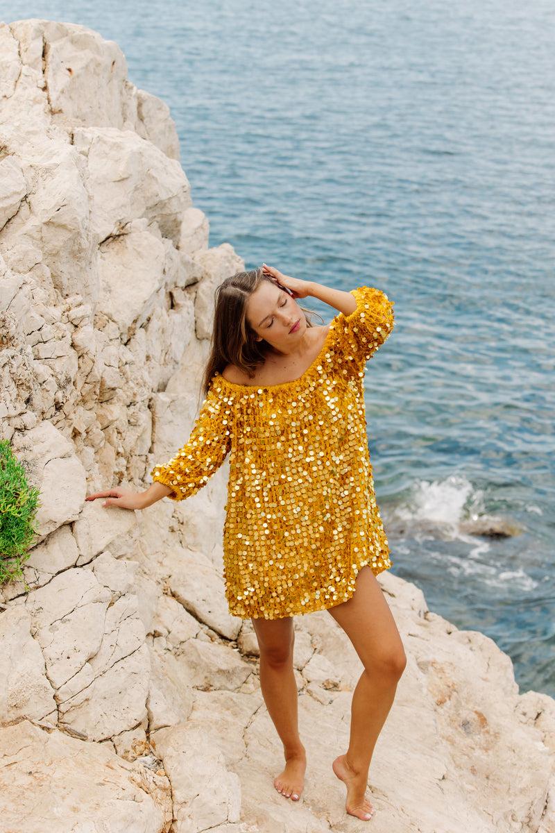 Sundress CARINA SHORT DRESS CROCHET BIG SEQUINS YELLOW