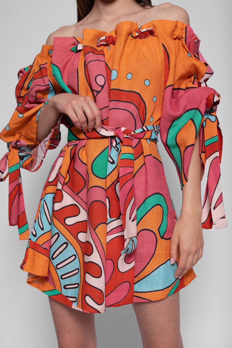 Sundress GEMMA SHORT DRESS BIG HAVANA LINEN FRAMBOISE