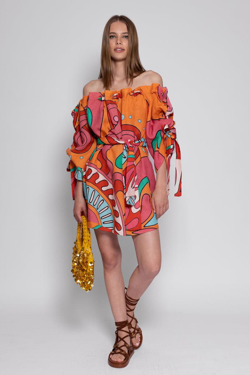 Sundress GEMMA SHORT DRESS BIG HAVANA LINEN FRAMBOISE