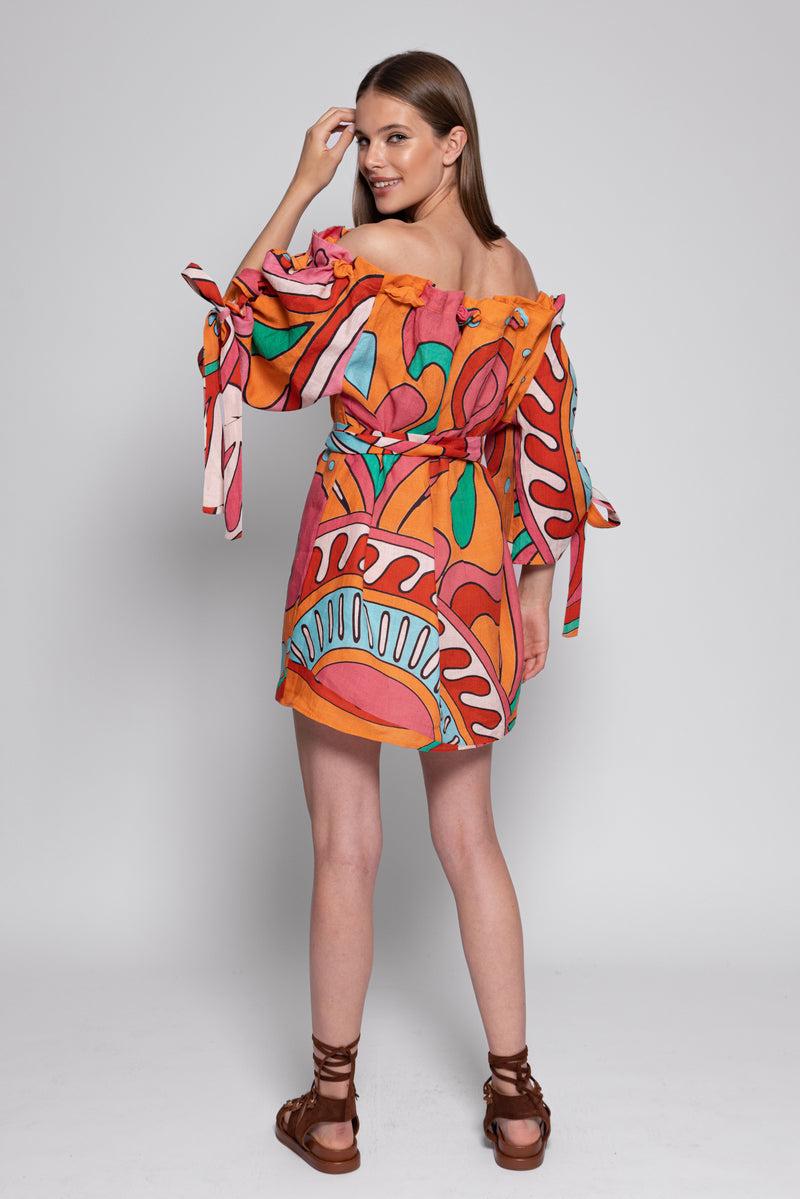 Sundress GEMMA SHORT DRESS BIG HAVANA LINEN FRAMBOISE