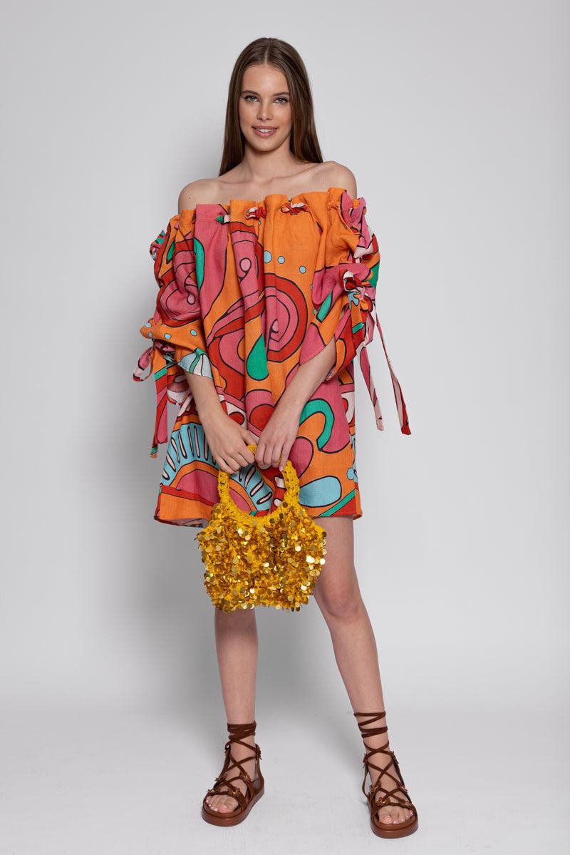 sundress GEMMA SHORT DRESS BIG HAVANA LINEN FRAMBOISE