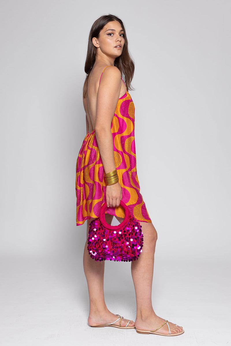Sundress GRACE SHORT AMAZONIA PRINT WITH RHINESTONES FUCHSIA & ORANGE