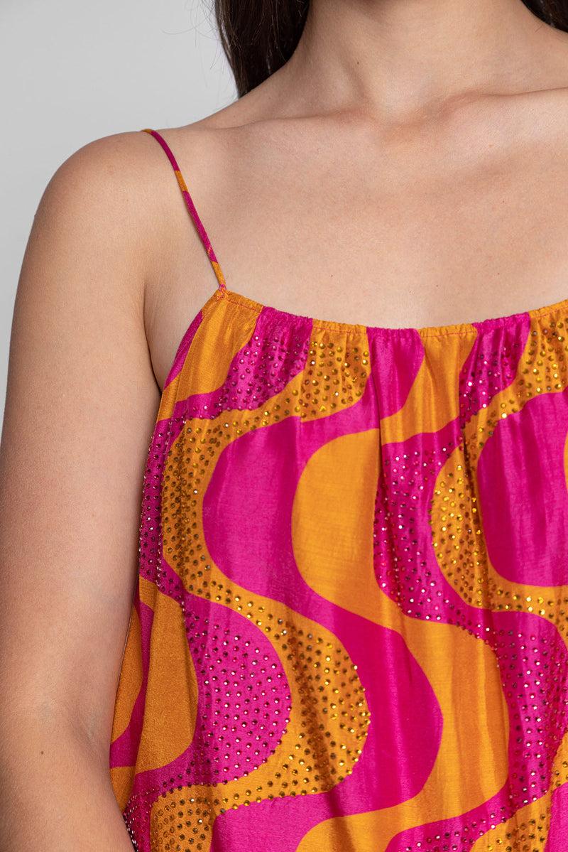 Sundress GRACE SHORT AMAZONIA PRINT WITH RHINESTONES FUCHSIA & ORANGE