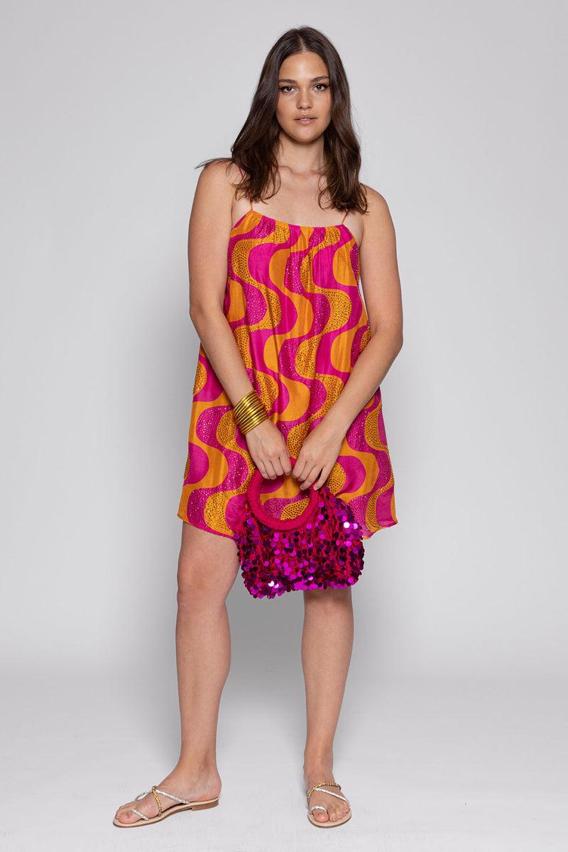 sundress GRACE SHORT AMAZONIA PRINT WITH RHINESTONES FUCHSIA & ORANGE