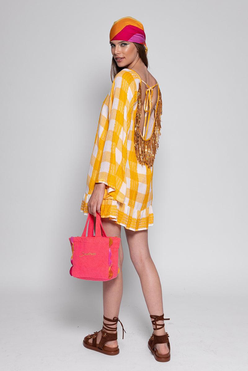 Sundress INDIANA SHORT DRESS GINGHAM YELLOW / SEQUINS