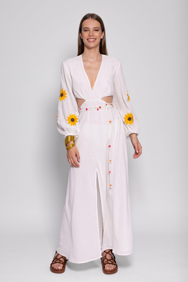 Sundress JENNA LONG DRESS WHITE & SUNFLOWERS EMBROIDERIES