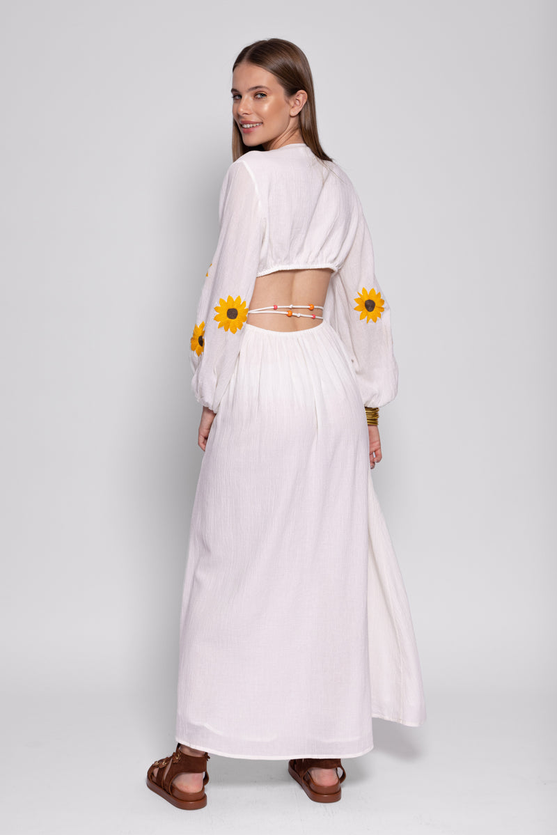 Sundress JENNA LONG DRESS WHITE & SUNFLOWERS EMBROIDERIES