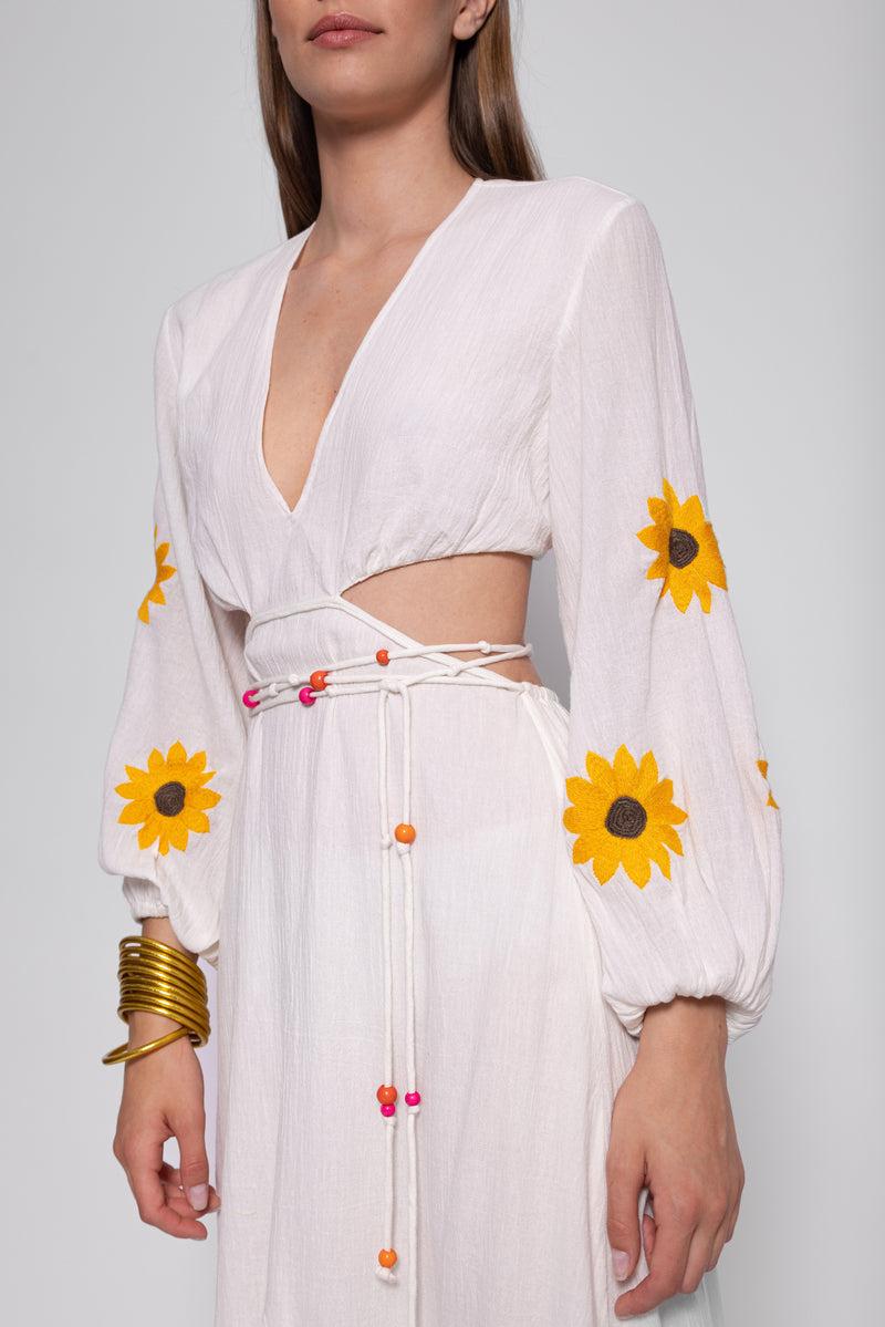 Sundress JENNA LONG DRESS WHITE & SUNFLOWERS EMBROIDERIES