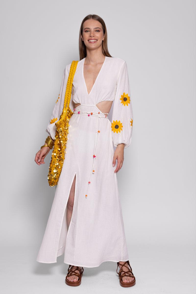 sundress JENNA LONG DRESS WHITE & SUNFLOWERS EMBROIDERIES