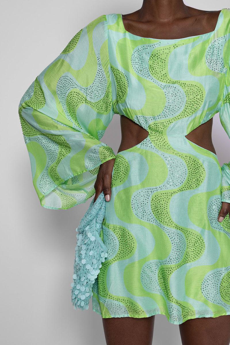 Sundress LUDIVINE SHORT DRESS AMAZONIA PRINT WITH RHINESTONES LIME & POOL