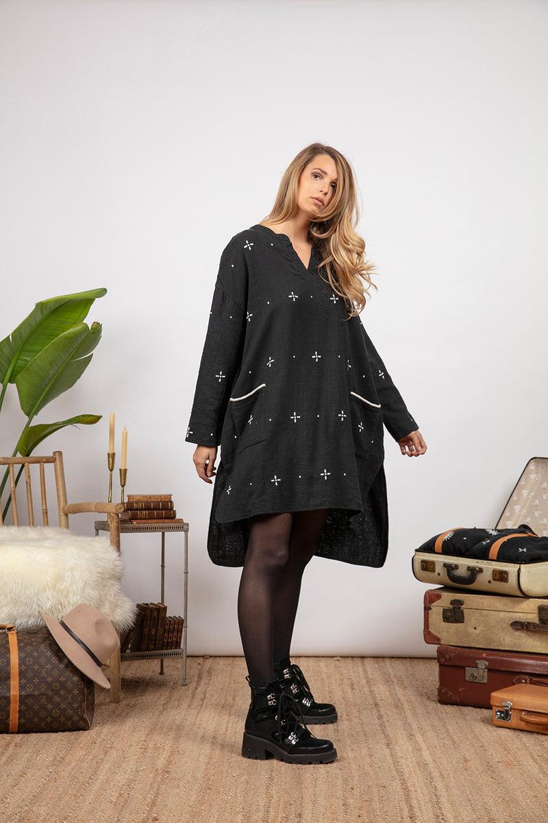 Sundress MASHA BLACK / OFF WHITE EMBROIDERIES SHORT DRESS