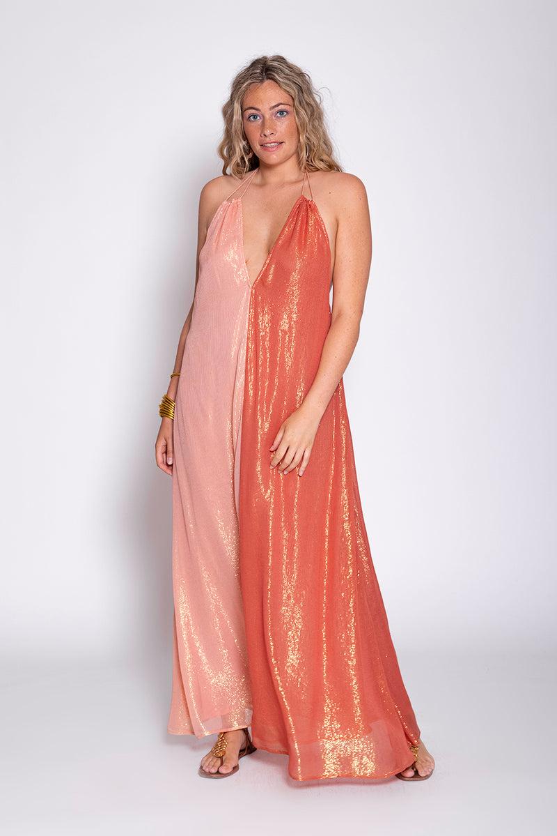 sundress NATASHA LONG DRESS MARBELLA BICOLOR TAN & TERRACOTTA