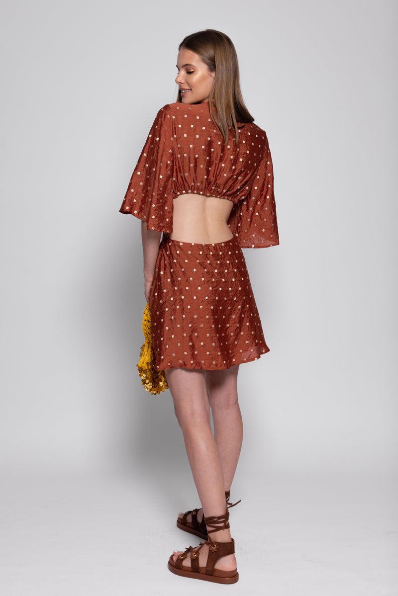 Sundress SEVERINE SHORT DRESS TANZANIA BROWN AND GOLD