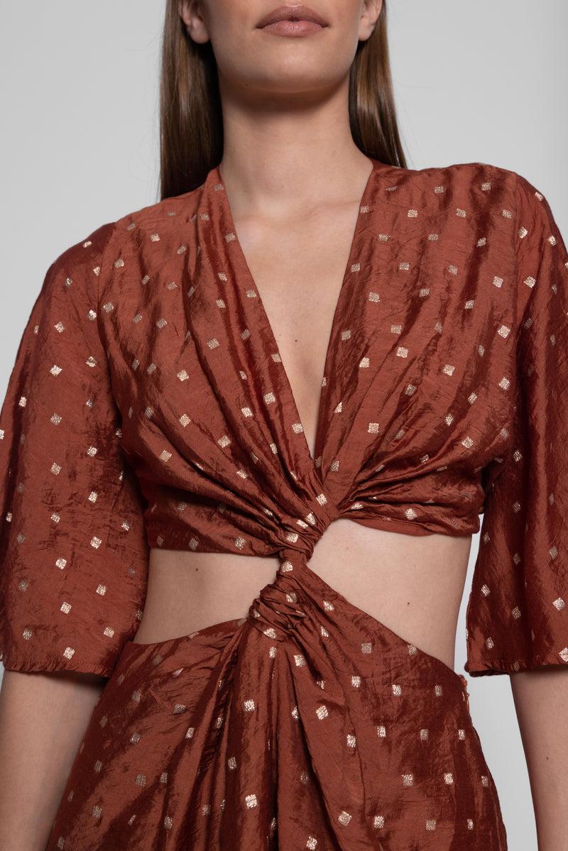 Sundress SEVERINE SHORT DRESS TANZANIA BROWN AND GOLD