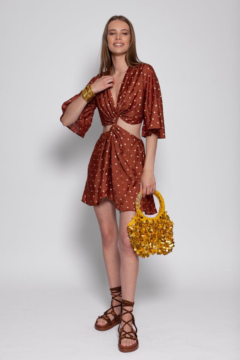 Sundress SEVERINE SHORT DRESS TANZANIA BROWN AND GOLD
