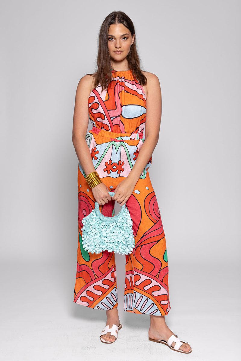 sundress SIMONA JUMPSUIT BIG HAVANA LINEN FRAMBOISE