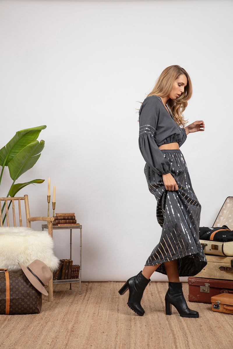 Sundress ANNIE TOP GREY / SILVER SEQUINS LINES