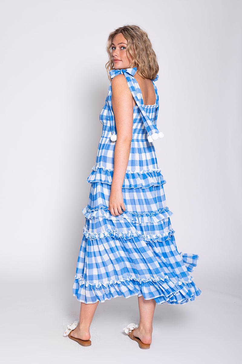 sundress BERENICE LONG DRESS GINGHAM BLUE