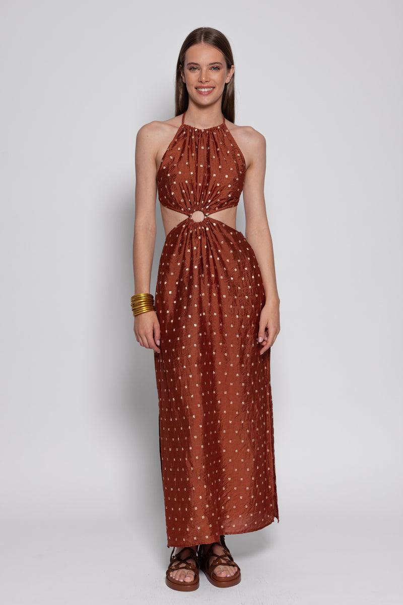 sundress FILIZA LONG DRESS TANZANIA BROWN AND GOLD
