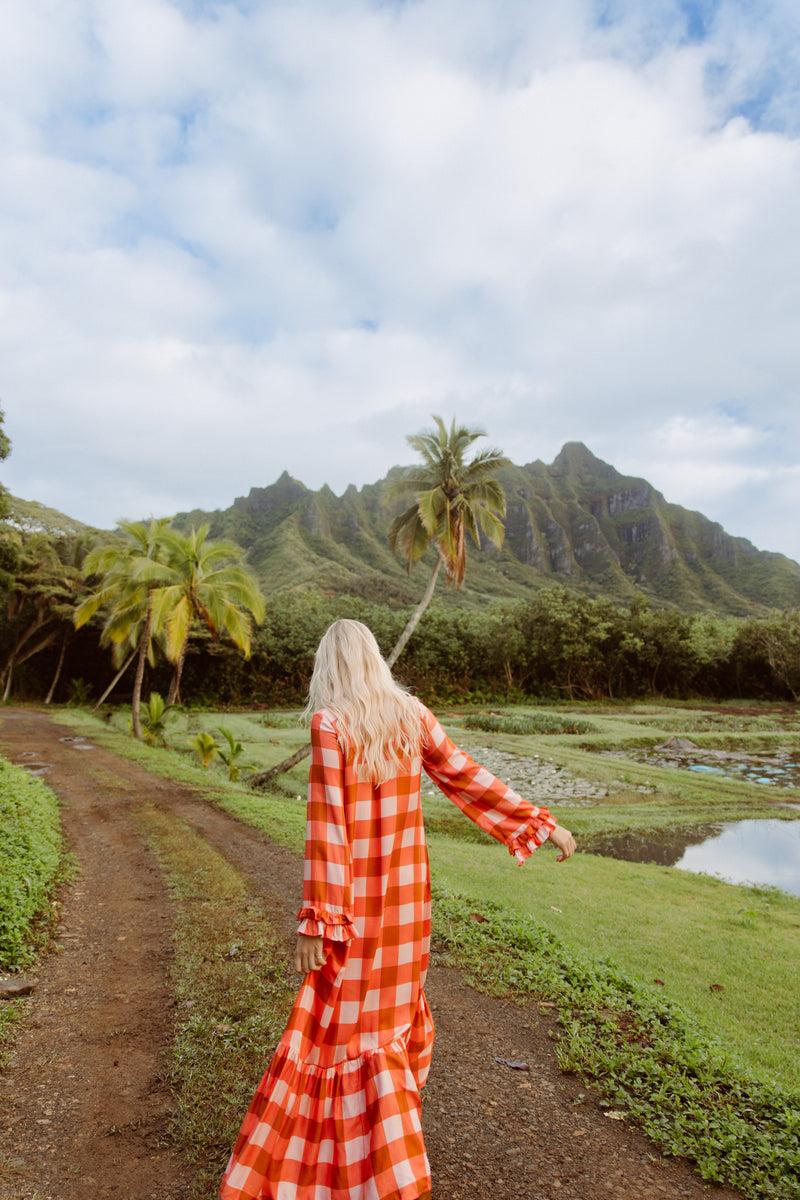 Sundress ISLA LONG DRESS GINGHAM MIX CORAL