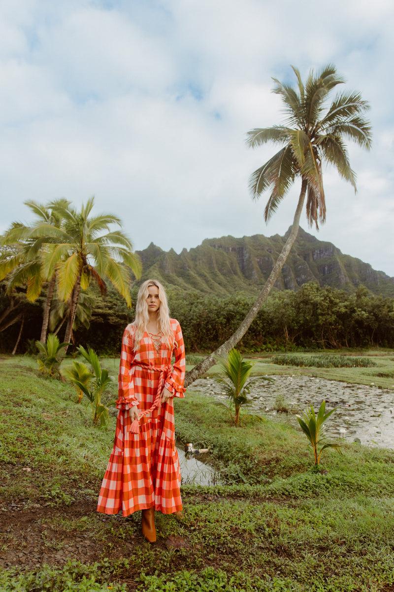 Sundress ISLA LONG DRESS GINGHAM MIX CORAL