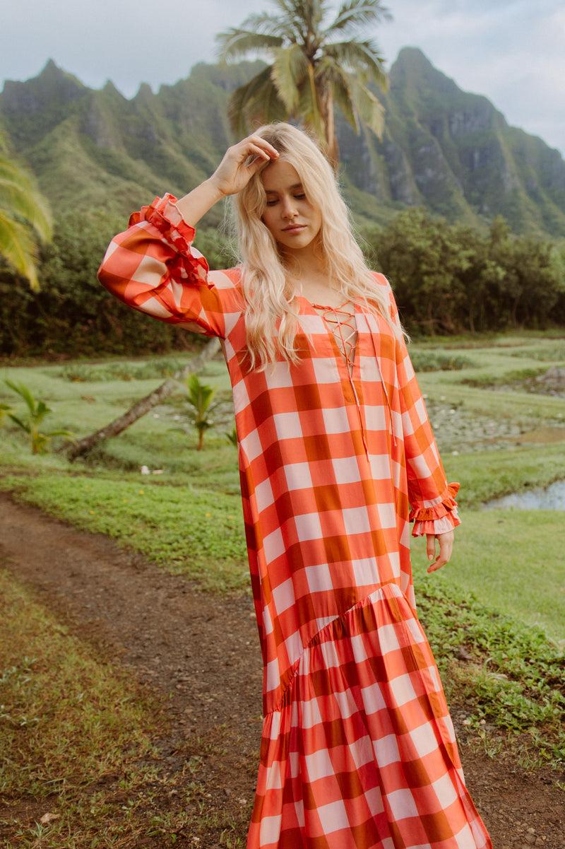 sundress ISLA LONG DRESS GINGHAM MIX CORAL