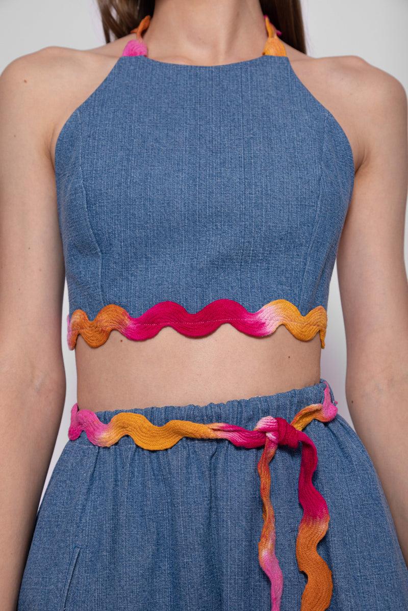 Sundress JANINA SET DENIM AND TIE & DYE RICKRACKS