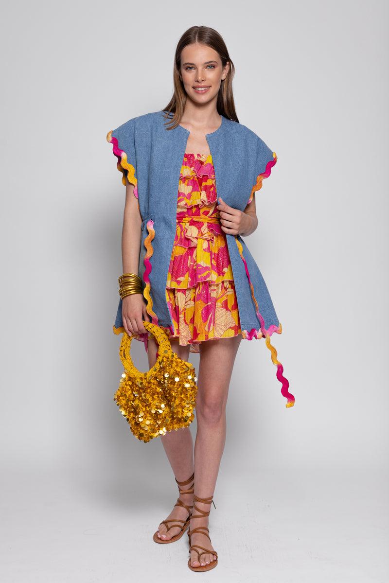 Sundress MARIETTA VEST DENIM AND TIE & DYE RICKRACKS