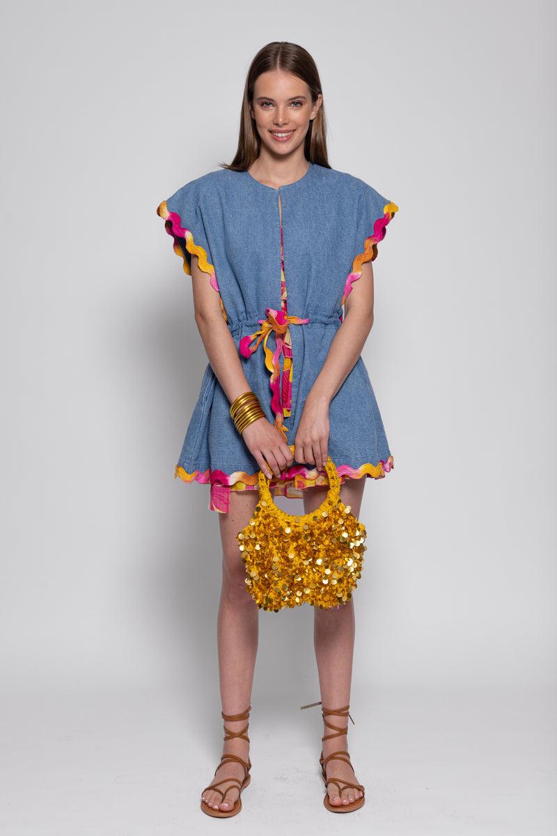 sundress MARIETTA VEST DENIM AND TIE & DYE RICKRACKS