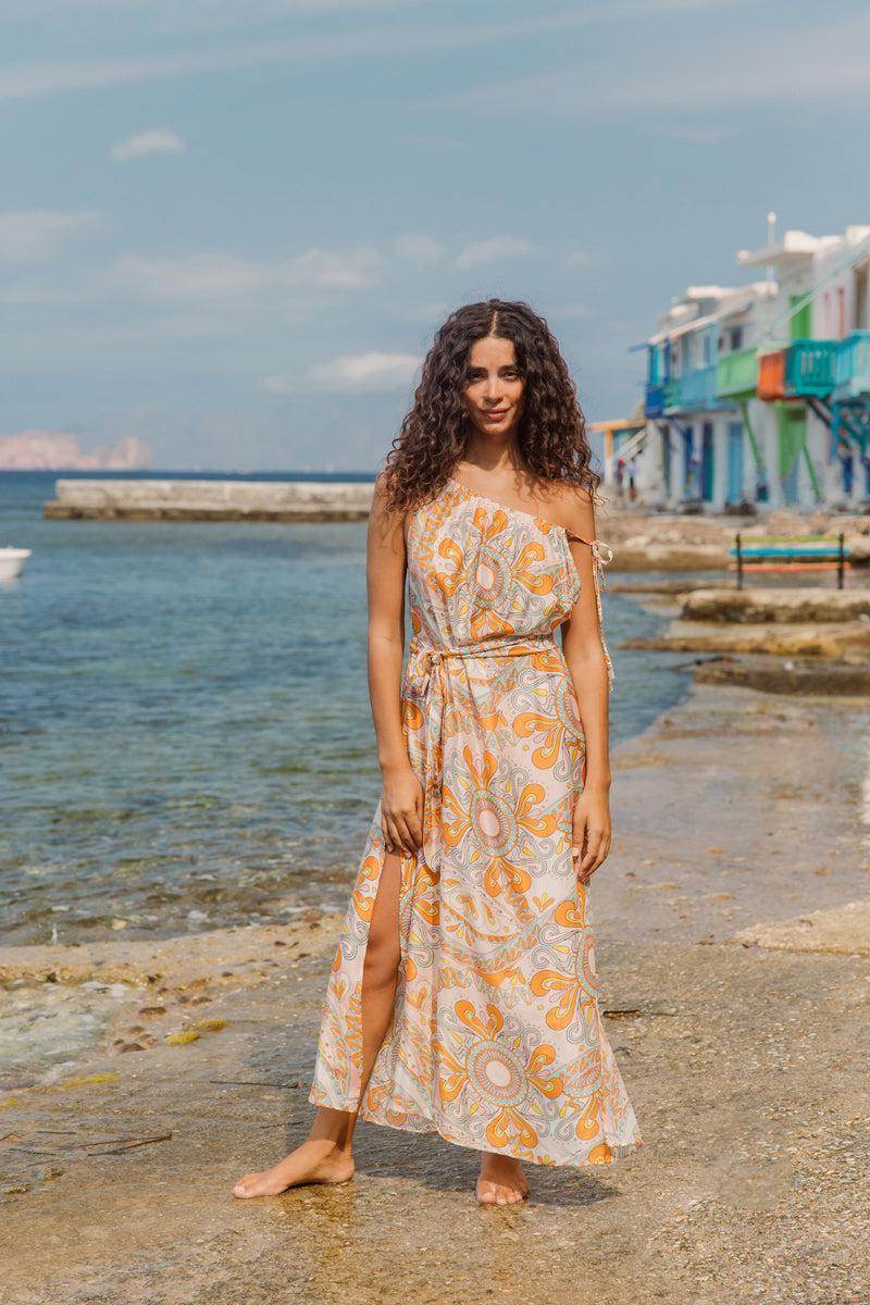 sundress SOLENNE LONG DRESS HAVANA AQUARELLE